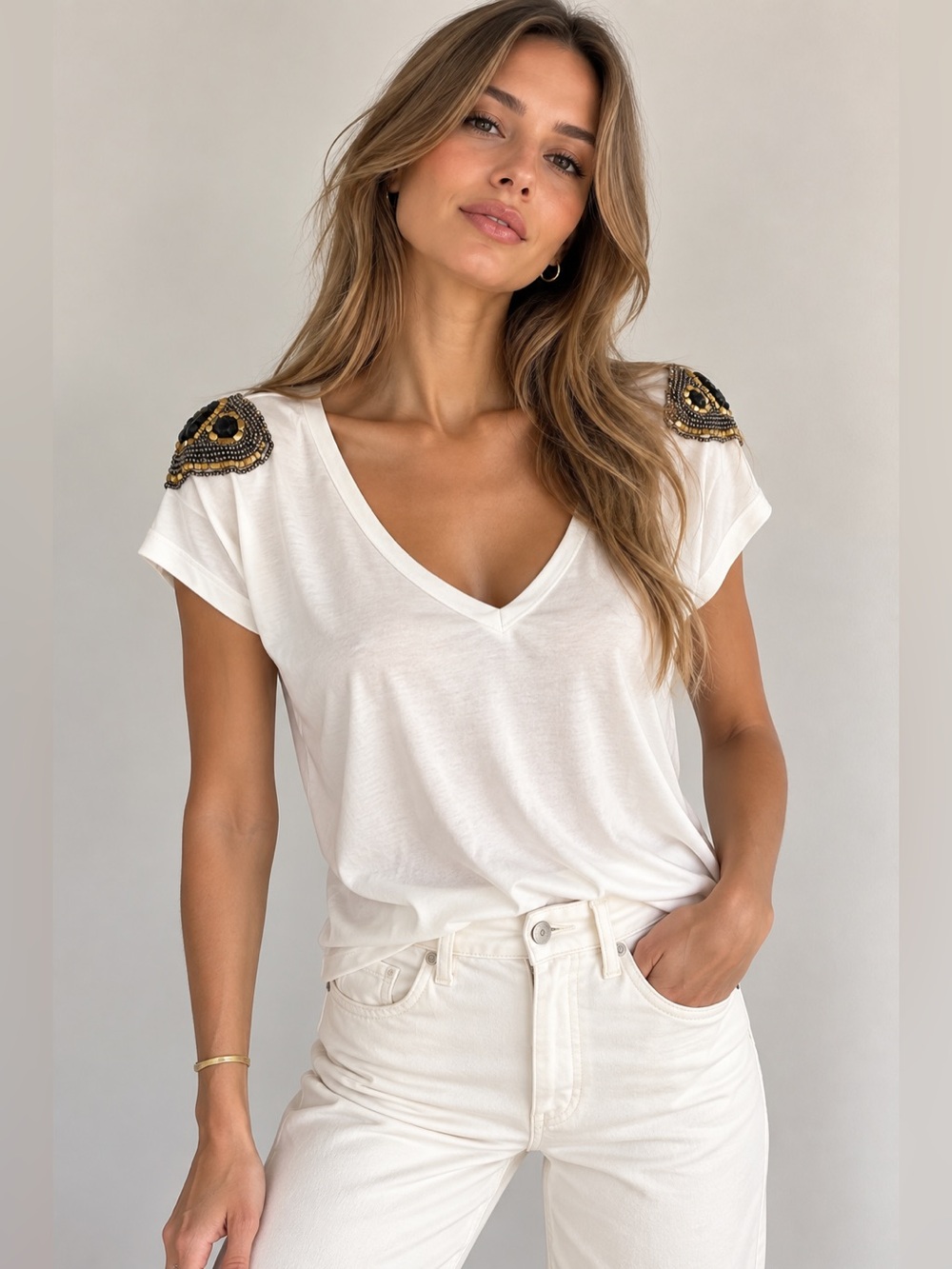 Network Embellished Shoulder V-Neck Top – Off White – Statement Beaded Detail